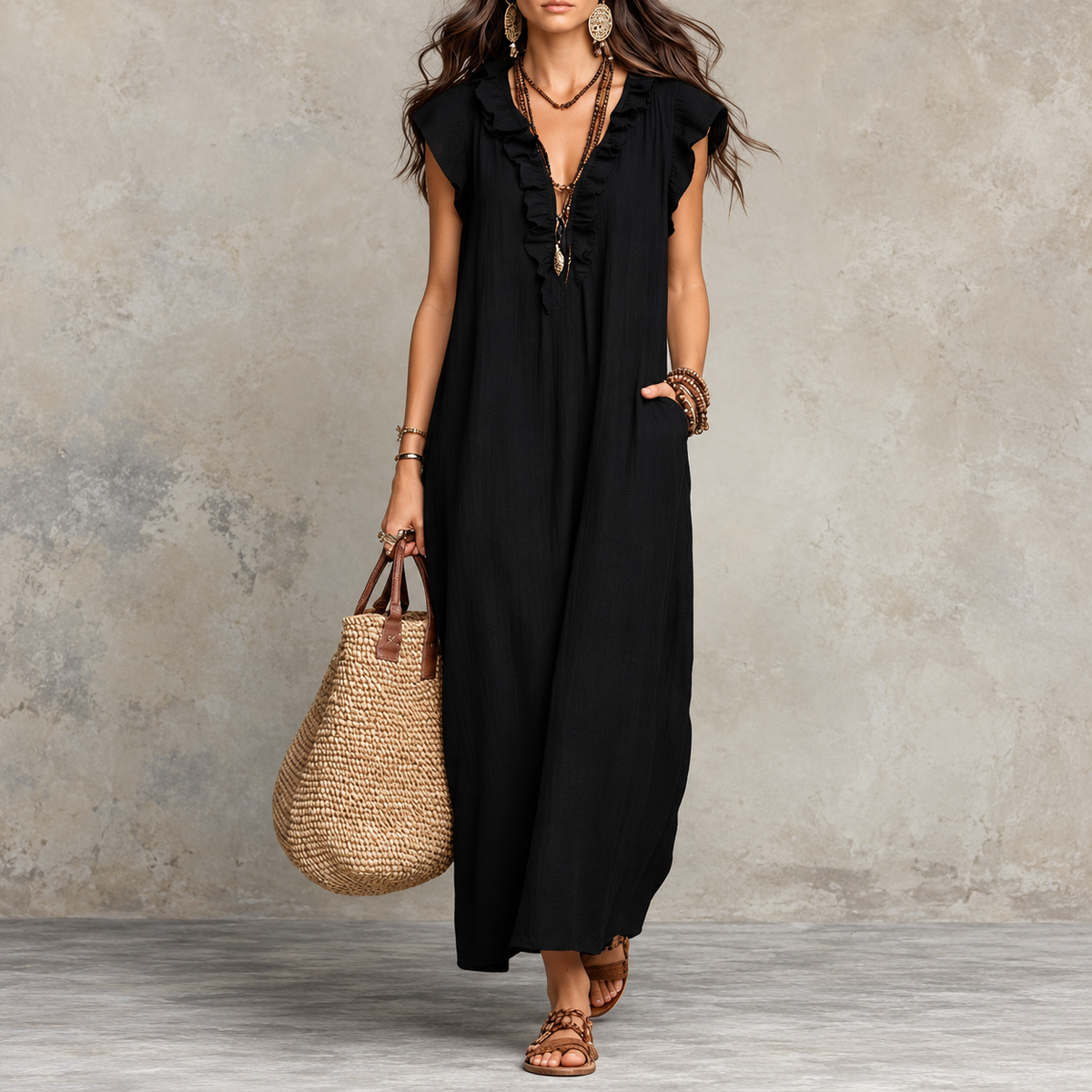 Amara Ruffle V-Neck Maxi Dress