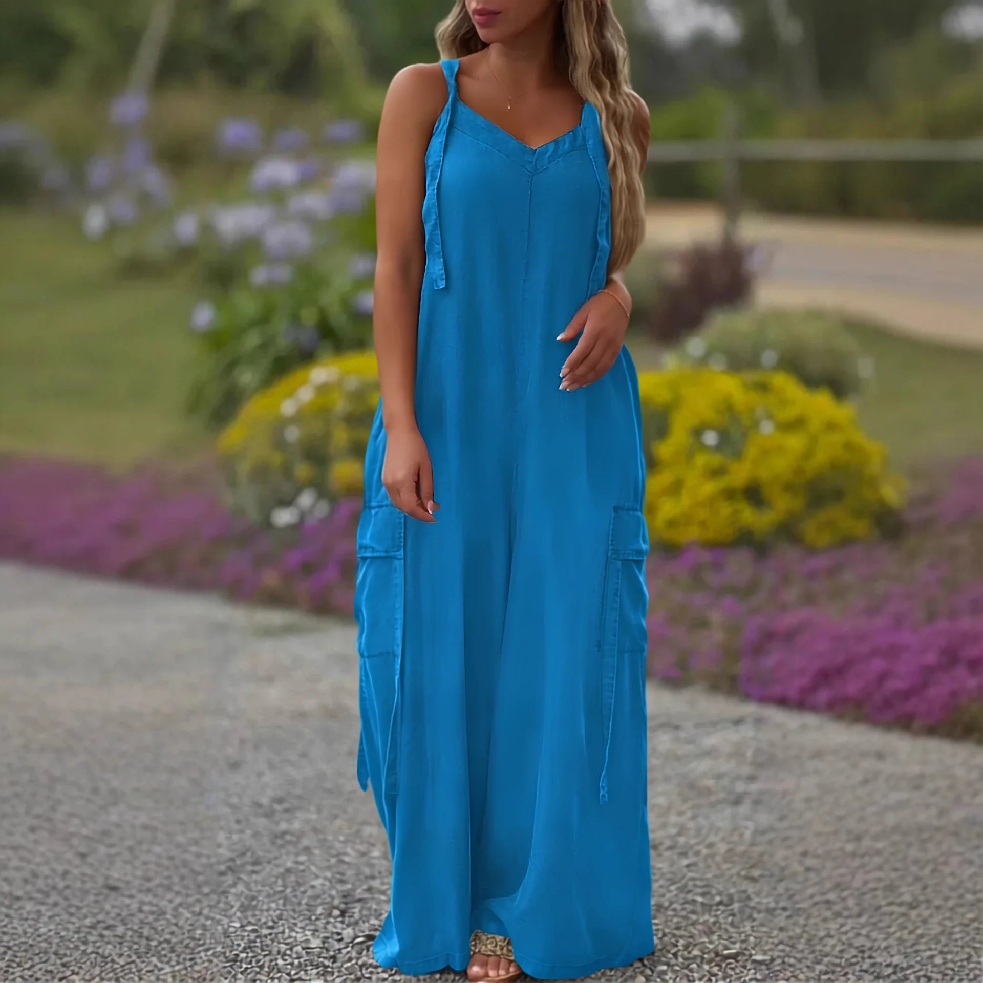 Woman wearing a blue dress standing outdoors with flowers in the background