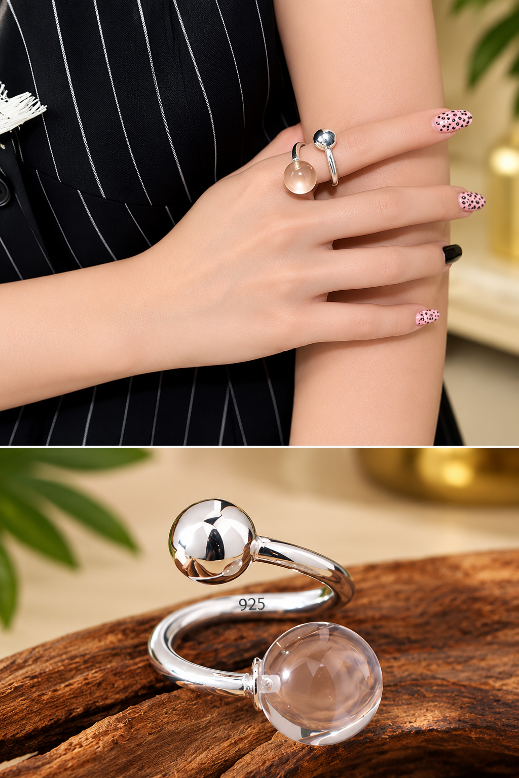 An open silver ring with a polished spherical bead and a clear faceted crystal ball, shown worn on a hand in the top panel and resting on a wooden surface in the bottom panel. The metal is marked 925.