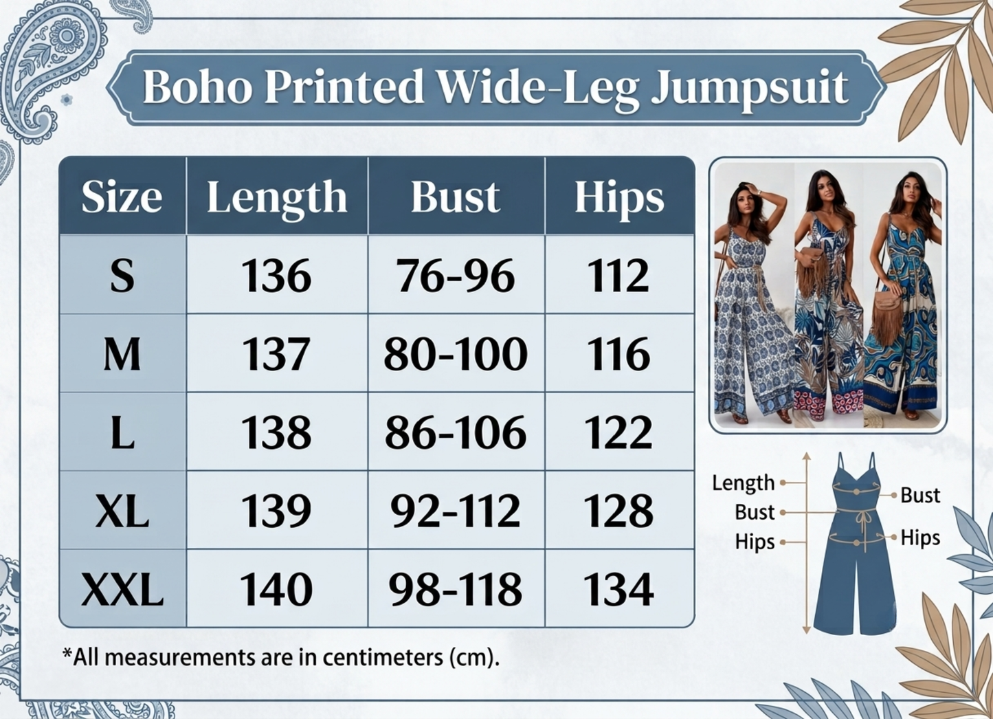 Size chart for a boho printed wide-leg jumpsuit, showing measurements in centimeters by size (S to XXL), with small model photos and a garment diagram on a light blue decorative background.