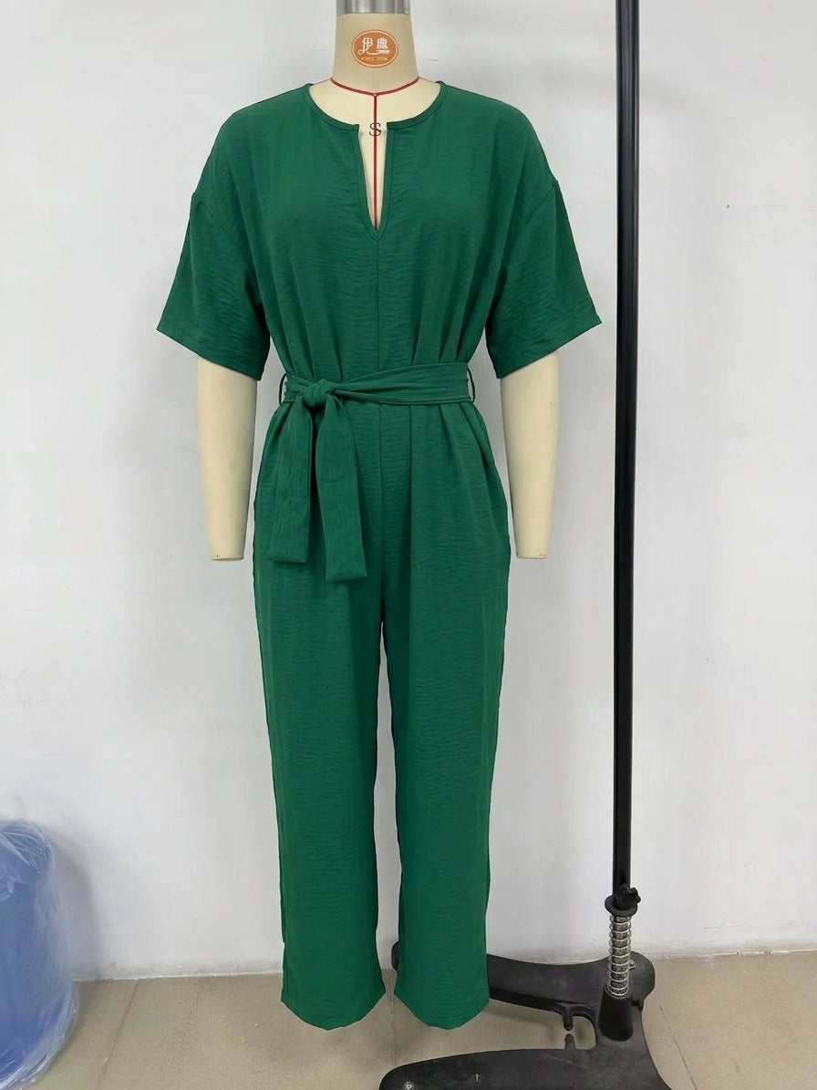 Boho Wide Leg Belted Jumpsuit with Pockets