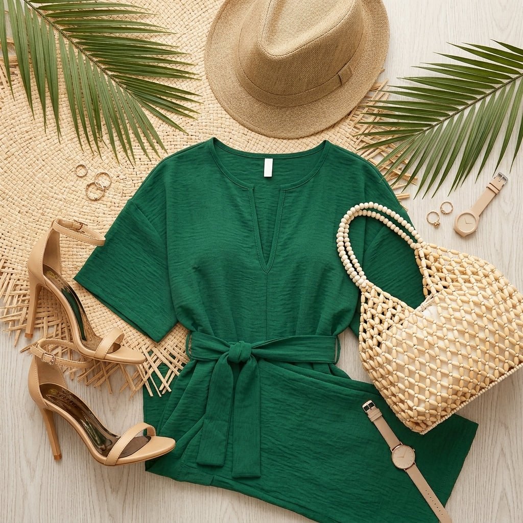 Boho Wide Leg Belted Jumpsuit with Pockets