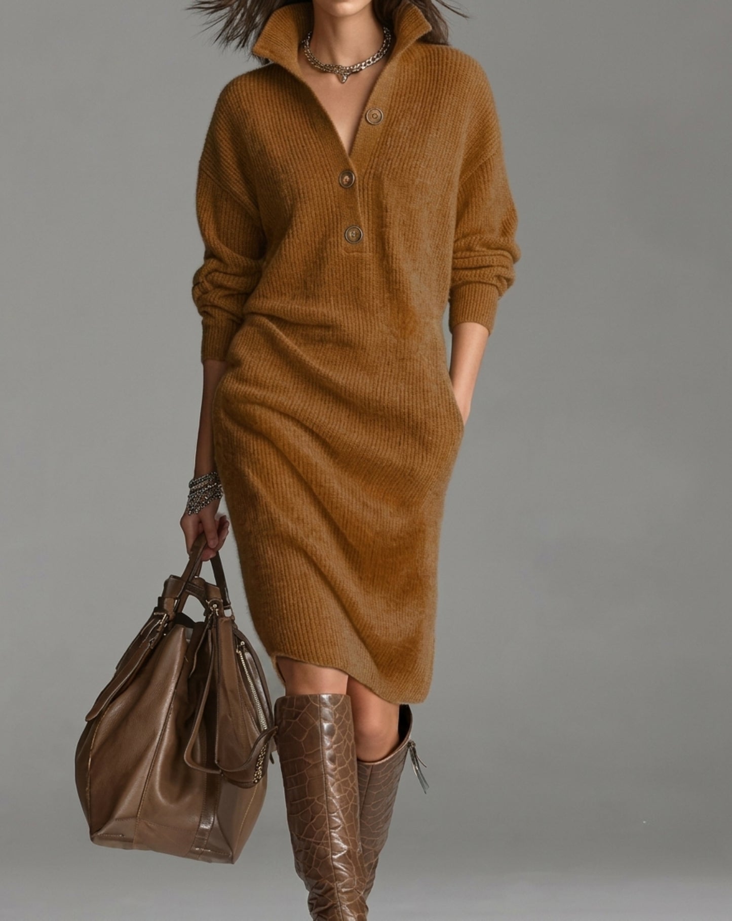 Classic Ribbed Knit Polo Midi Dress