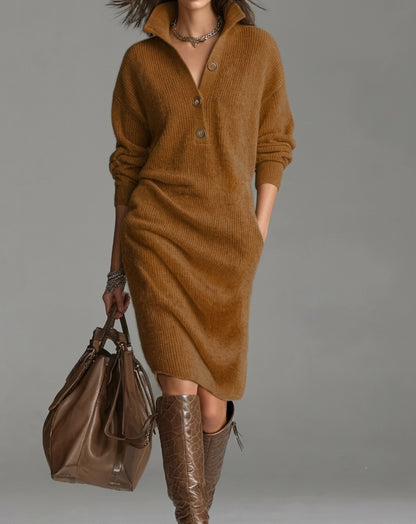 Classic Ribbed Knit Polo Midi Dress