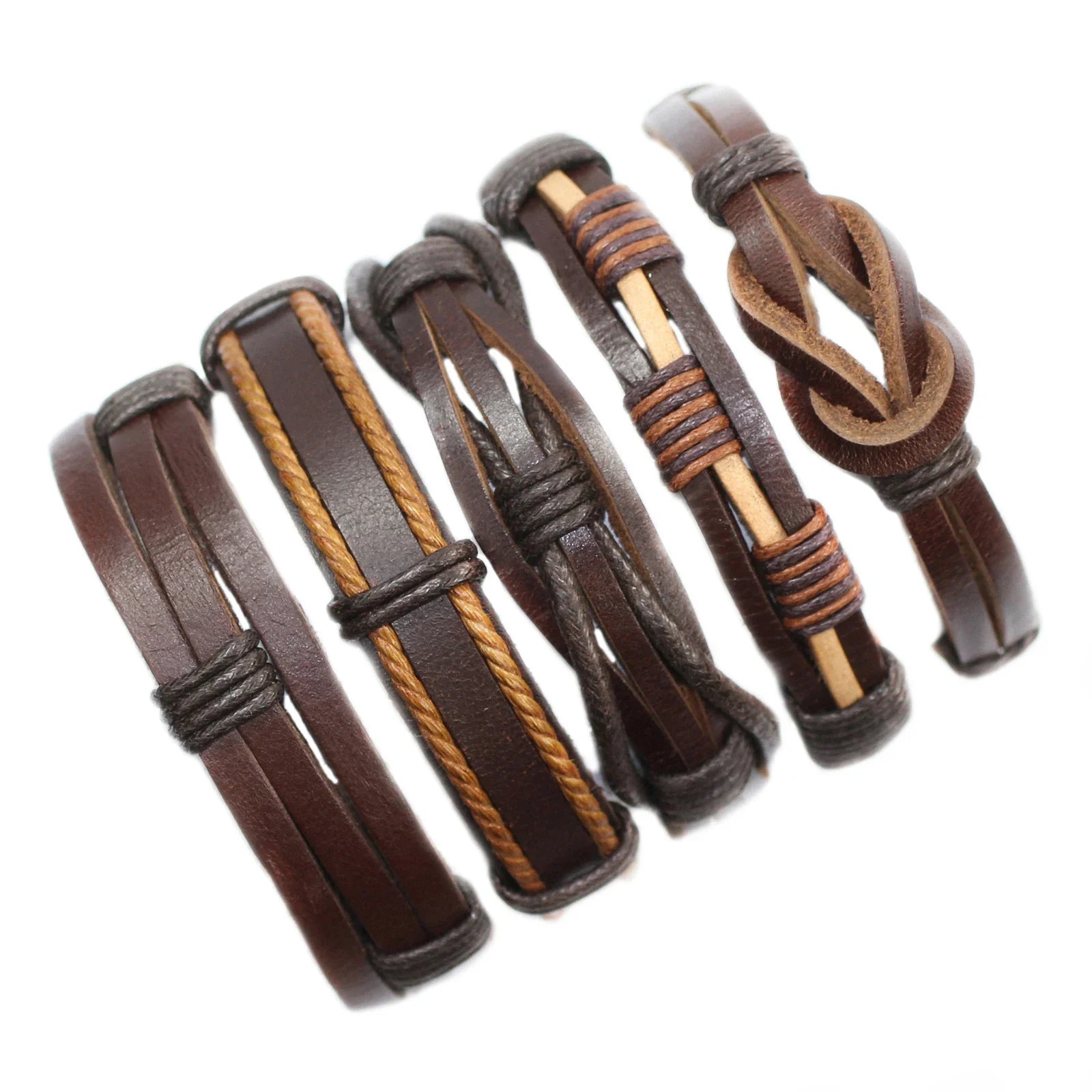 Set of brown leather bracelets with braided design on a white background