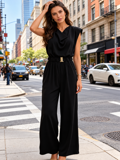 A woman stands on a city street wearing a black sleeveless wide-leg jumpsuit with a draped neckline and a gold-tone belt buckle at the waist. The background shows urban buildings, cars, and crosswalks.