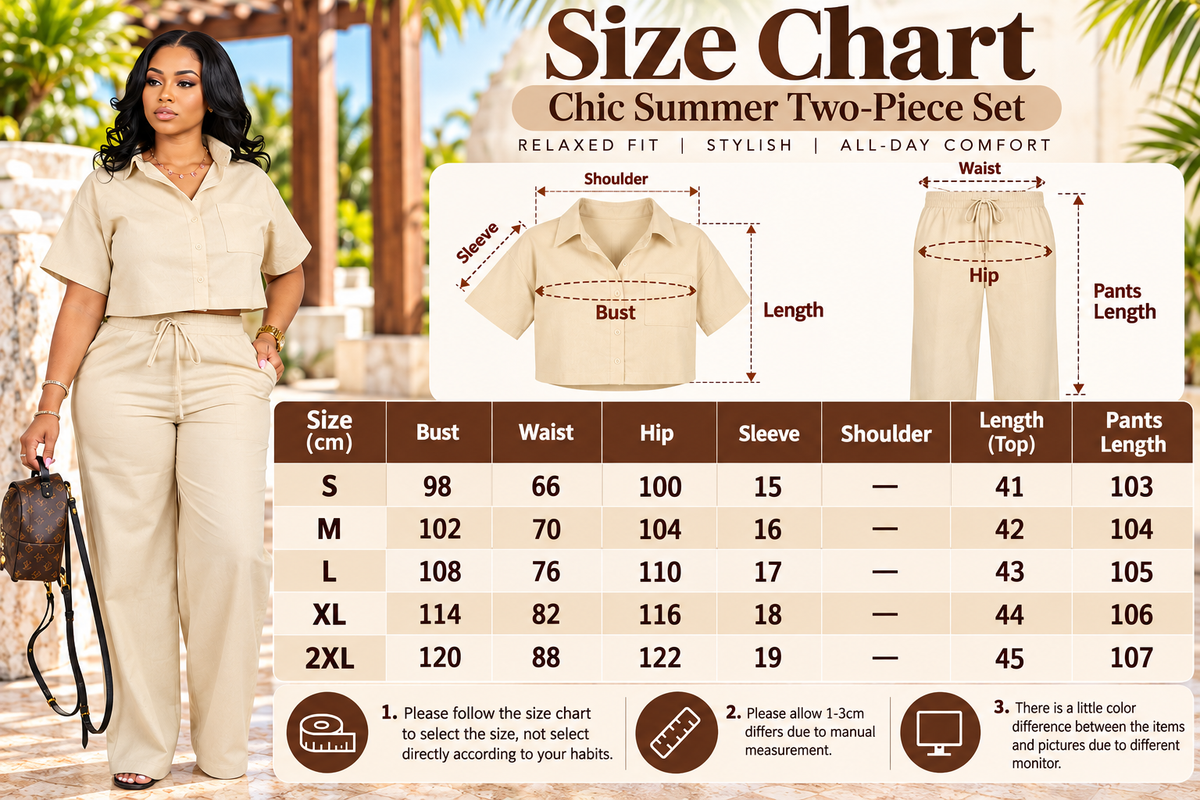 Chic Summer Two-Piece Set size chart featuring a beige cropped button-up shirt and matching wide-leg pants, with measurements in centimeters for sizes S–2XL, including bust, waist, hip, sleeve, top length, and pants length, alongside illustrated measurement guides.