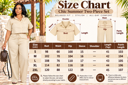 Chic Summer Two-Piece Set size chart featuring a beige cropped button-up shirt and matching wide-leg pants, with measurements in centimeters for sizes S–2XL, including bust, waist, hip, sleeve, top length, and pants length, alongside illustrated measurement guides.