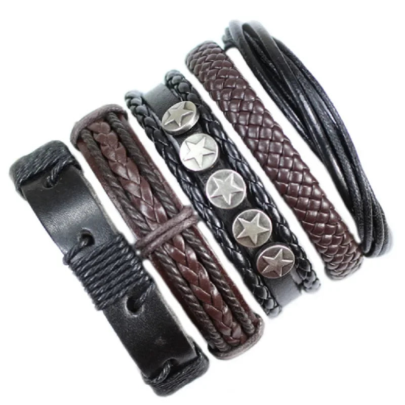 Set of leather bracelets with star-shaped metal elements on a white background