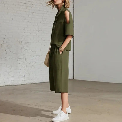 Cold Shoulder Zip Two-Piece Linen Set