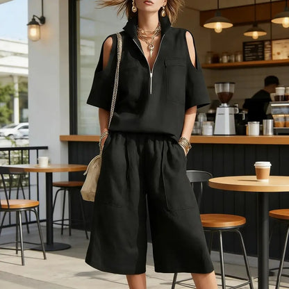Cold Shoulder Zip Two-Piece Linen Set