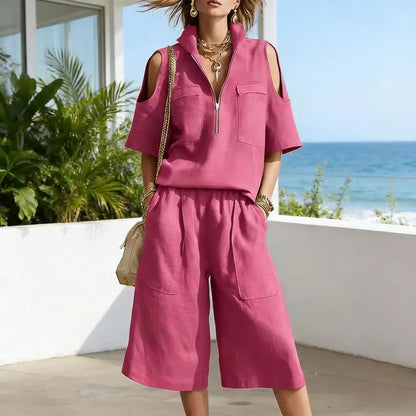 Cold Shoulder Zip Two-Piece Linen Set