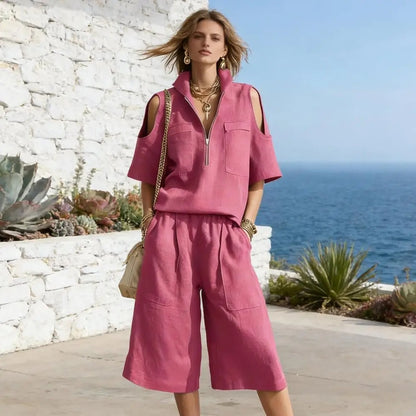 Cold Shoulder Zip Two-Piece Linen Set