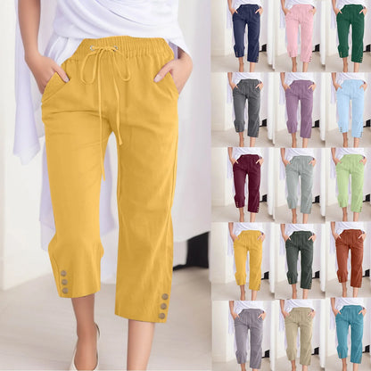 Yellow capri pants with multiple color options displayed.