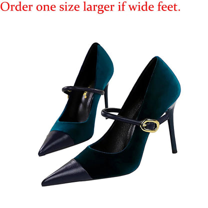 Teal high-heeled shoes with black accents and gold buckle on a white background.