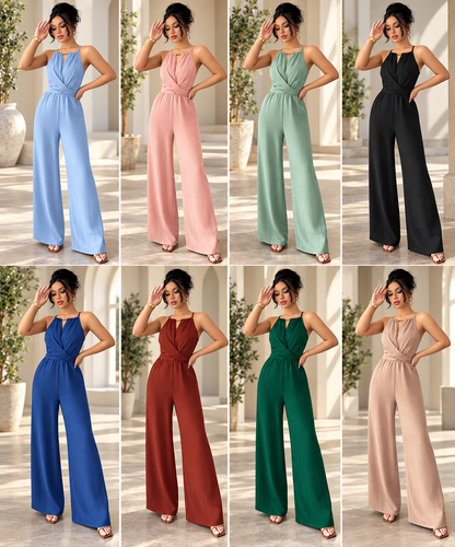 Eight color variations of a sleeveless wide-leg jumpsuit are shown in a 2x4 grid, each modeled by a woman posing in a bright indoor setting with columns of books and potted plants.