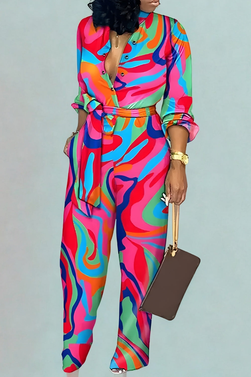 Elegant Tied Waist Long Sleeve Jumpsuit