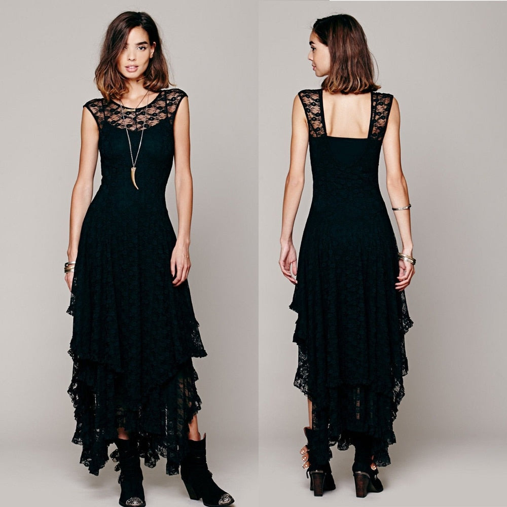 Long Sleeveless Lace Dress - Black - Front and Back View