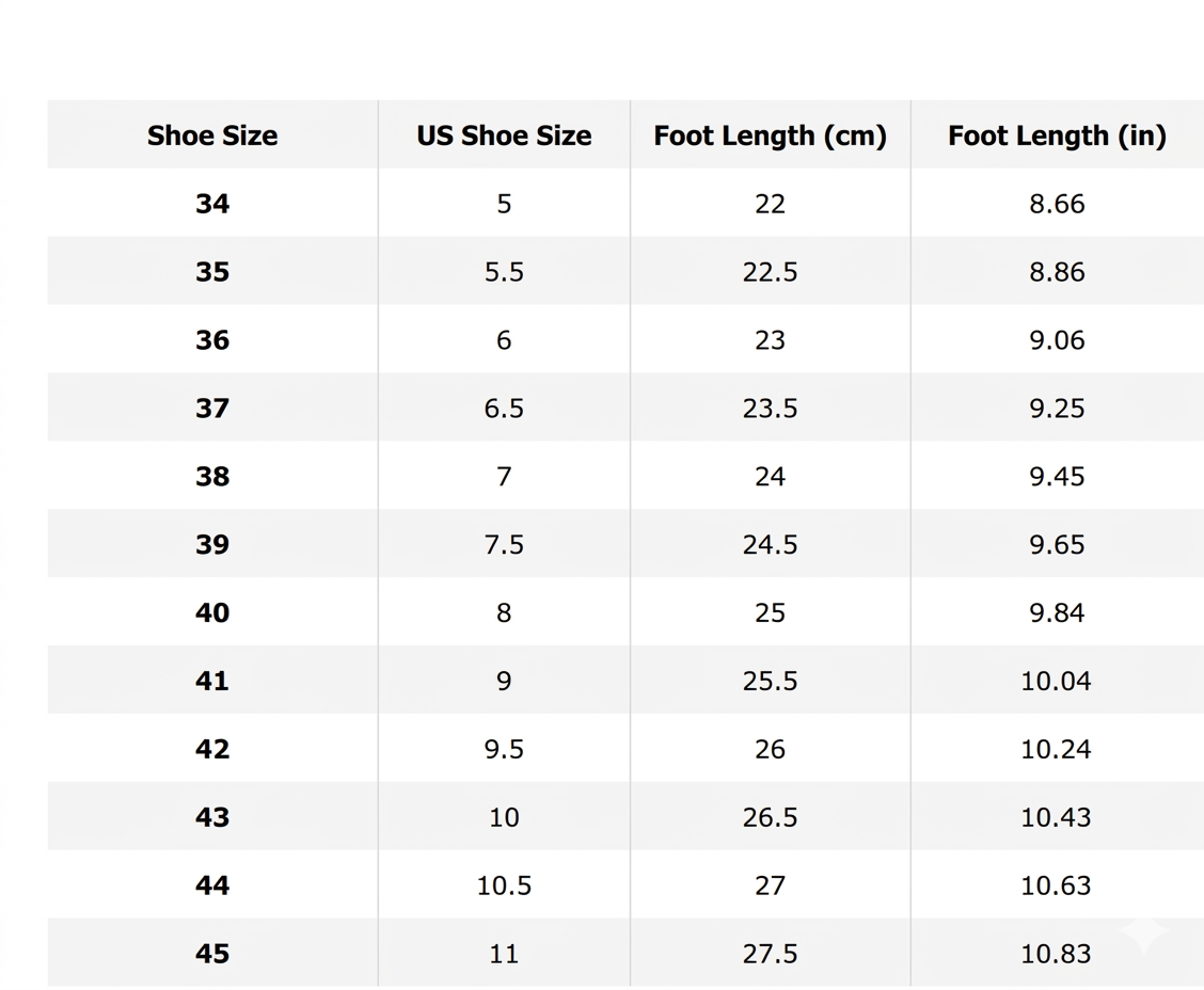 Table showing shoe size conversions from 34 to 45 with corresponding US sizes, foot lengths in centimeters, and inches.