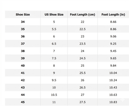 Table showing shoe size conversions from 34 to 45 with corresponding US sizes, foot lengths in centimeters, and inches.