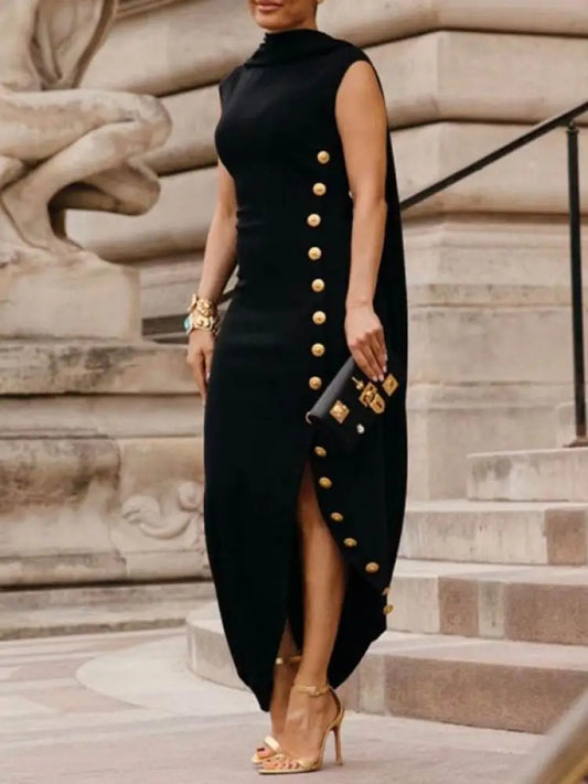 Classy Long Sleeveless Dress - Black - Side