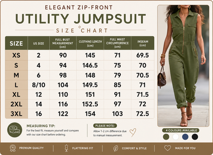 A utility jumpsuit size chart graphic with a measurement table from XS to 3XL, including full bust, clothing length, full waist circumference, and inseam measurements. The left side contains the chart, while the right side shows a woman modeling an olive green zip-front jumpsuit.