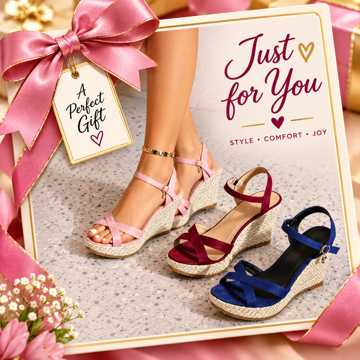 A gift box presentation featuring three women's wedge sandals in pink, burgundy, and blue, with a large pink ribbon and a gift tag reading 'A Perfect Gift.' The box also includes the text 'Just for You' and 'Style Comfort Joy.