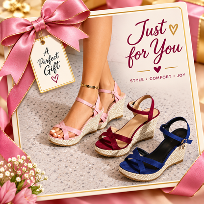 A gift box presentation featuring three women's wedge sandals in pink, burgundy, and blue, with a large pink ribbon and a gift tag reading 'A Perfect Gift.' The box also includes the text 'Just for You' and 'Style Comfort Joy.
