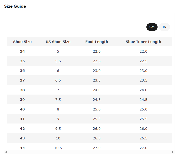 Shoe size measurement chart from 34 to 44 with corresponding US shoe sizes, foot lengths, and shoe inner lengths.