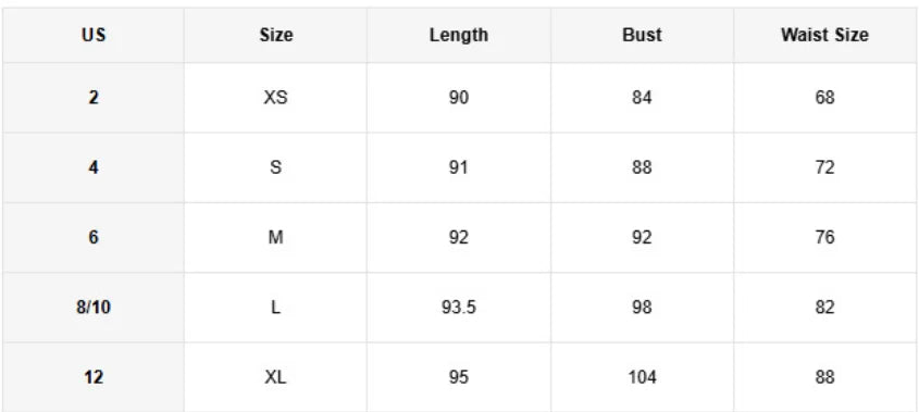 Size chart for clothing with measurements in centimeters and inches.