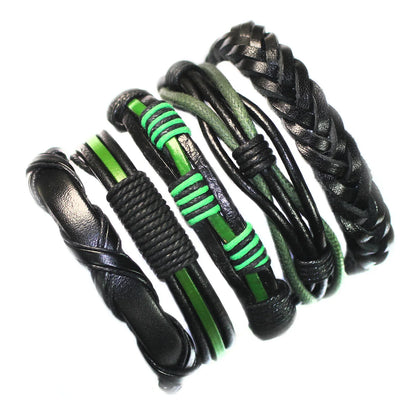 Three braided leather bracelets with green accents on a white background