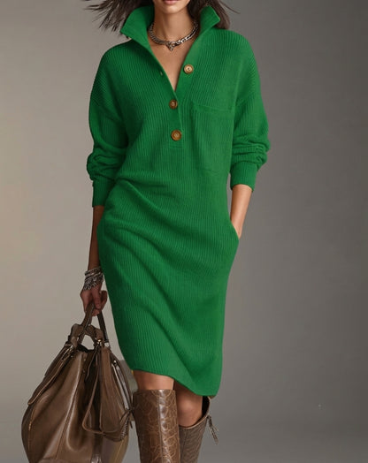Classic Ribbed Knit Polo Midi Dress
