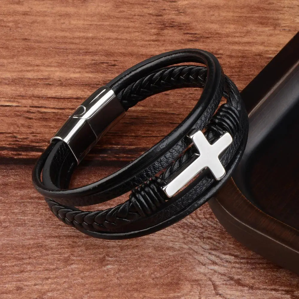 Men's Cross Leather Wrap Bracelet