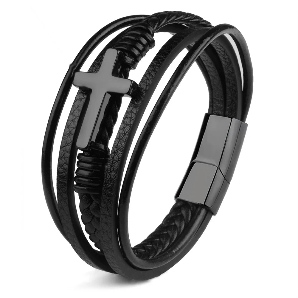 Men's Cross Leather Wrap Bracelet