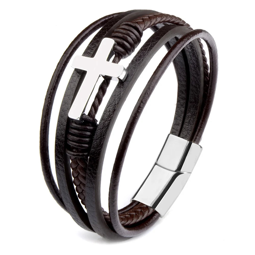 Men's Cross Leather Wrap Bracelet