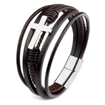 Men's Cross Leather Wrap Bracelet