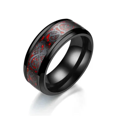 Black ring with red and gray pattern on a white background