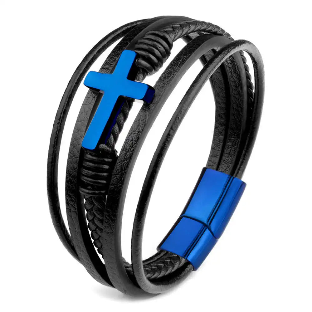 Men's Cross Leather Wrap Bracelet