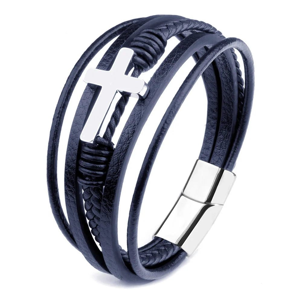 Men's Cross Leather Wrap Bracelet