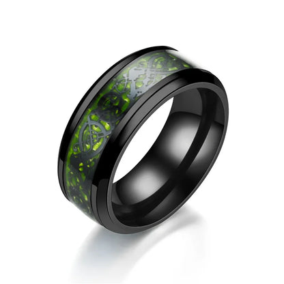 Black ring with green and gray pattern on a white background