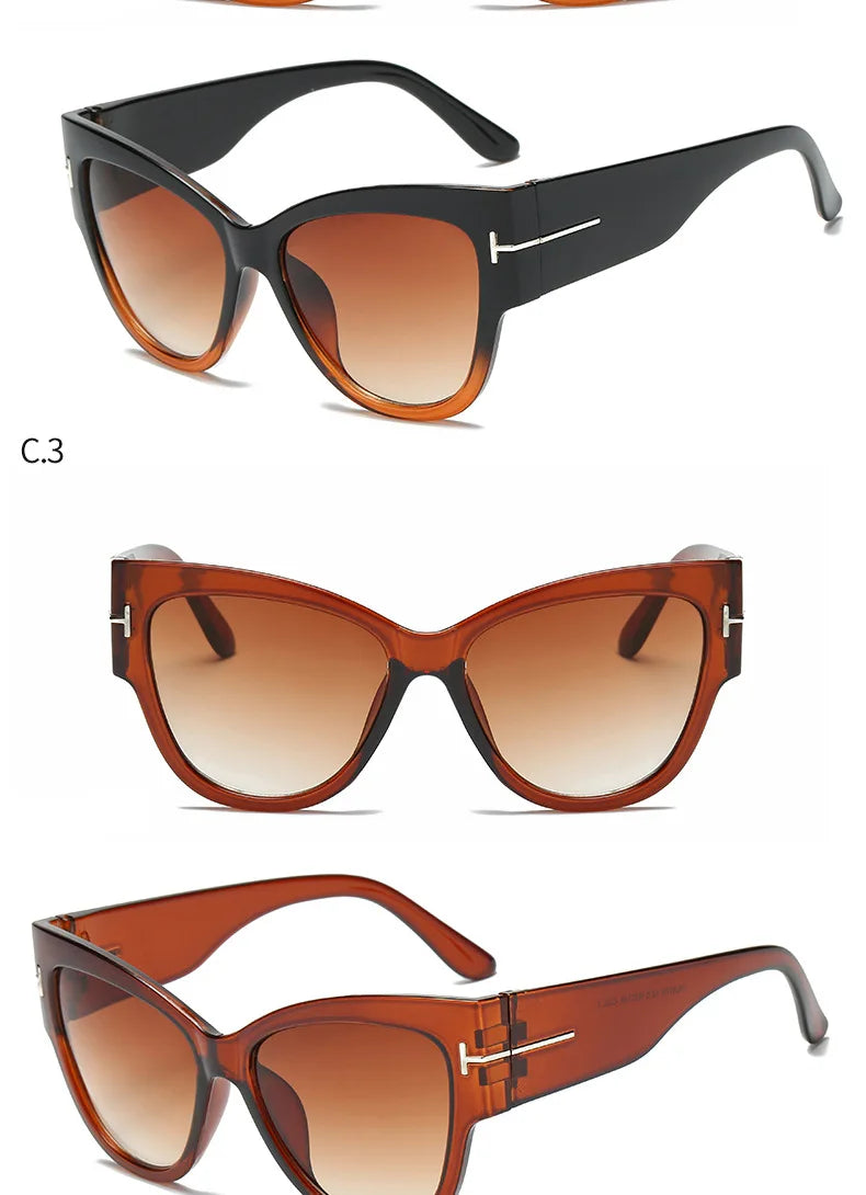 Three pairs of sunglasses with different frame colors and a gradient brown lens on a white background.