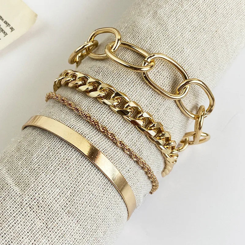 Gold Curb Chain Bracelets Set