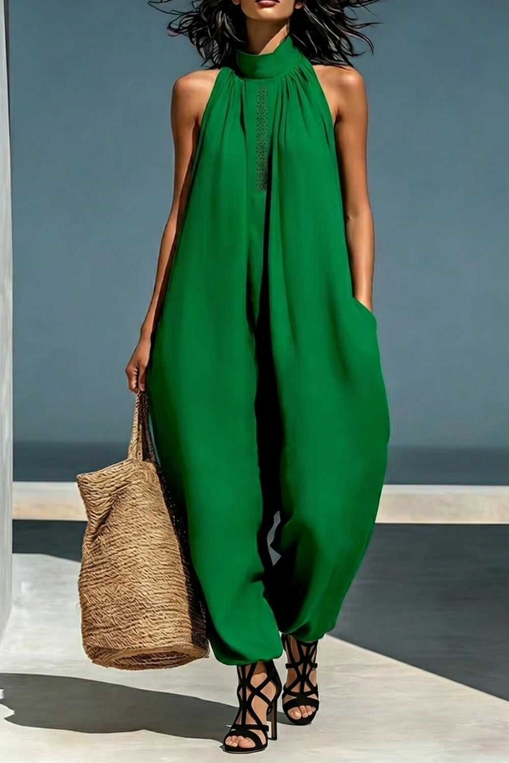 Halter Neck Lace Trim Wide-Leg Jumpsuit