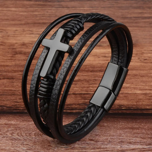 Men's Cross Leather Wrap Bracelet