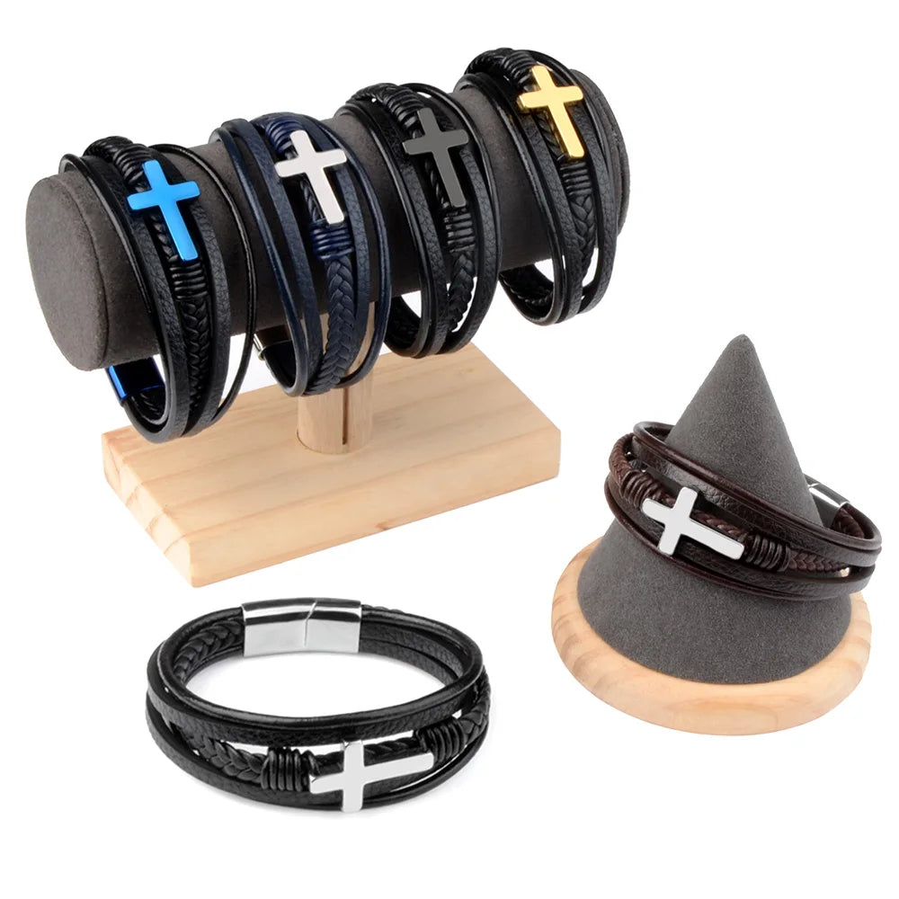 Men's Cross Leather Wrap Bracelet