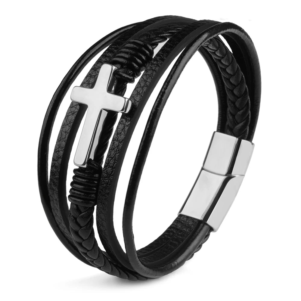 Men's Cross Leather Wrap Bracelet
