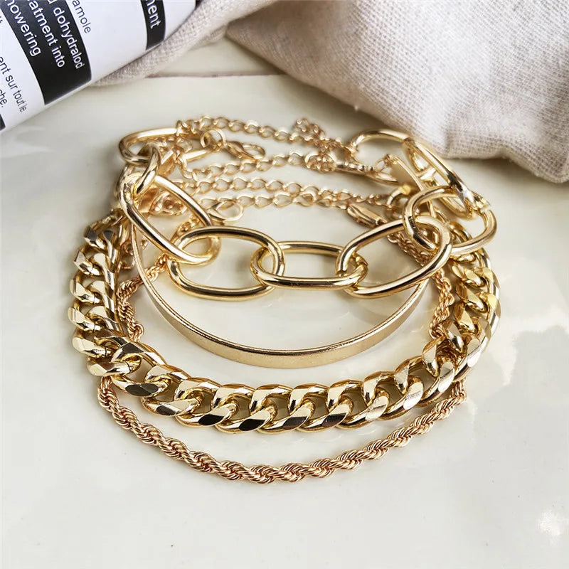 Gold Curb Chain Bracelets Set