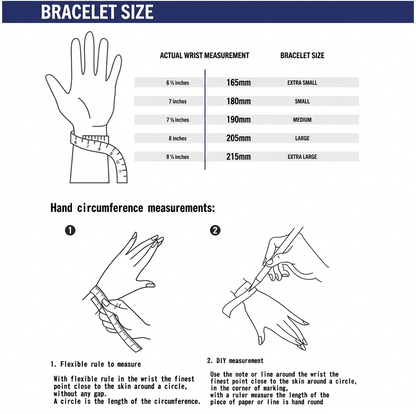 A size guide for wrist bracelets titled "BRACELET SIZE" with a hand illustration, a measurement table linking wrist lengths to bracelet sizes, and two numbered diagrams showing how to measure the wrist circumference and DIY mark placement.