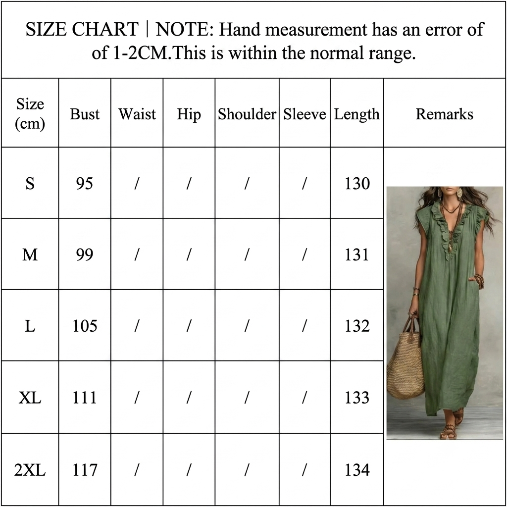 Size chart with measurements for a garment, including a model wearing the garment.