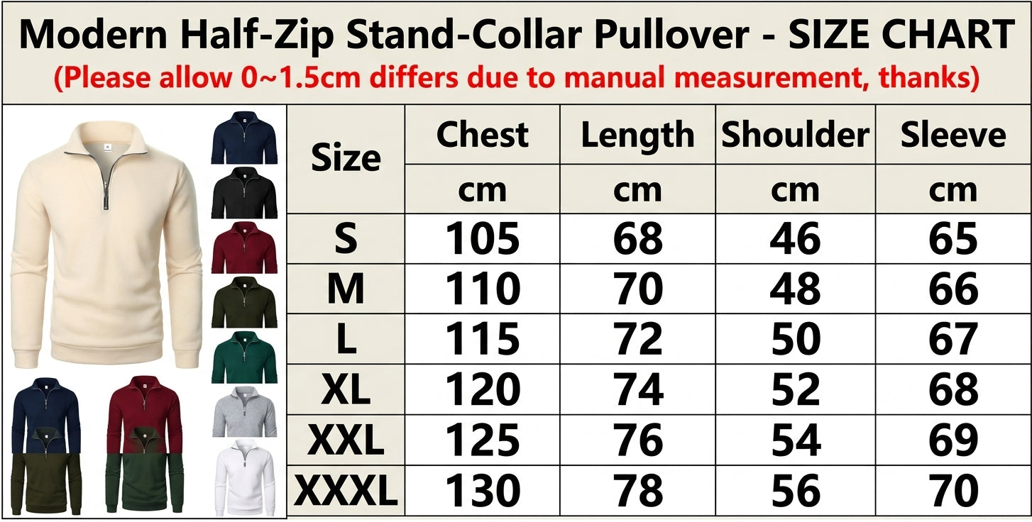 A size chart graphic for a modern half-zip stand-collar pullover. The left side shows a large beige pullover with a half-zip collar, and the right side features a size table listing chest, length, shoulder, and sleeve measurements from S to XXXL, with color options shown in small thumbnails along the left edge.